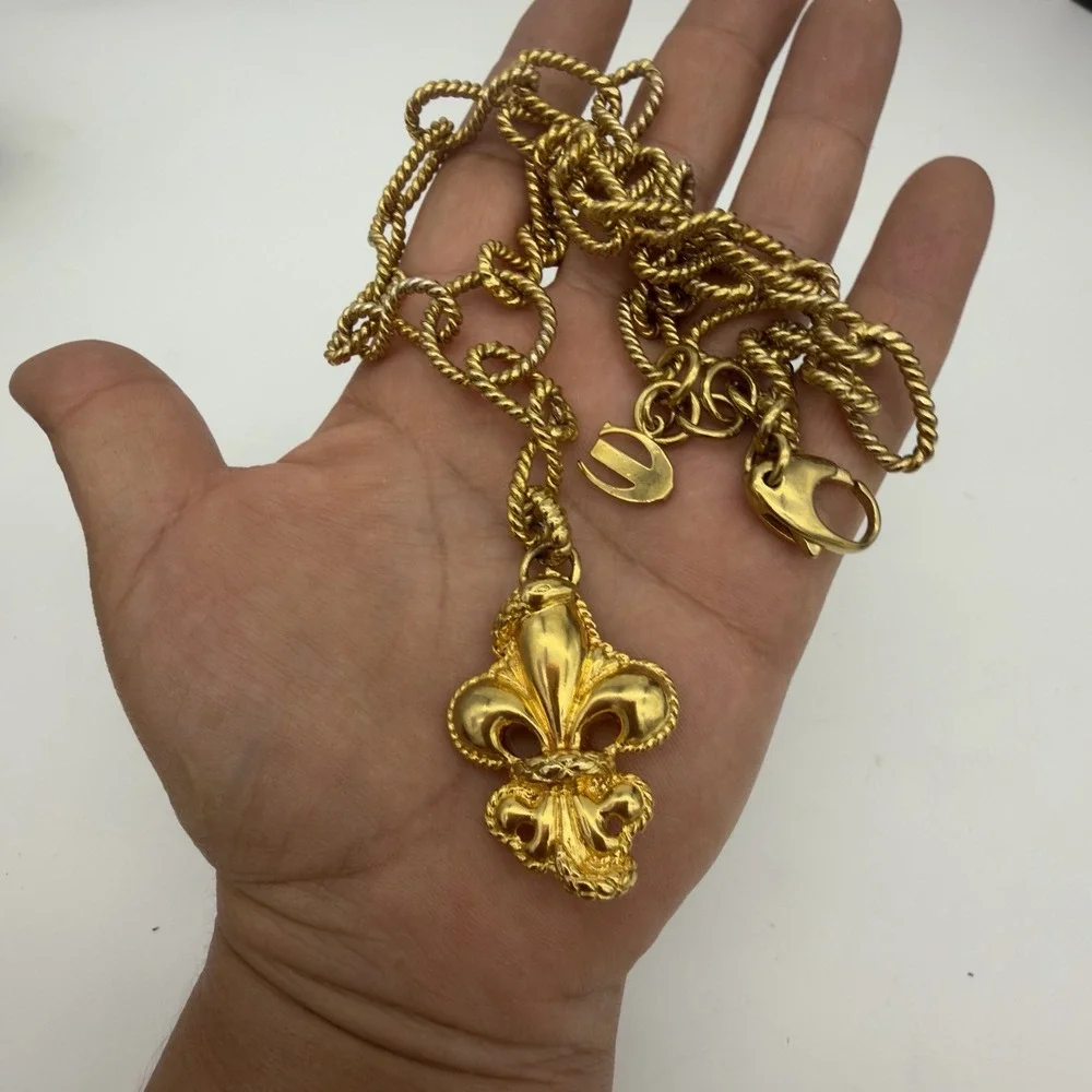 Vtg JUST CAVALLI Fleur De Liss Snake Necklace Chunky Gold Tone Sepant Y Drop